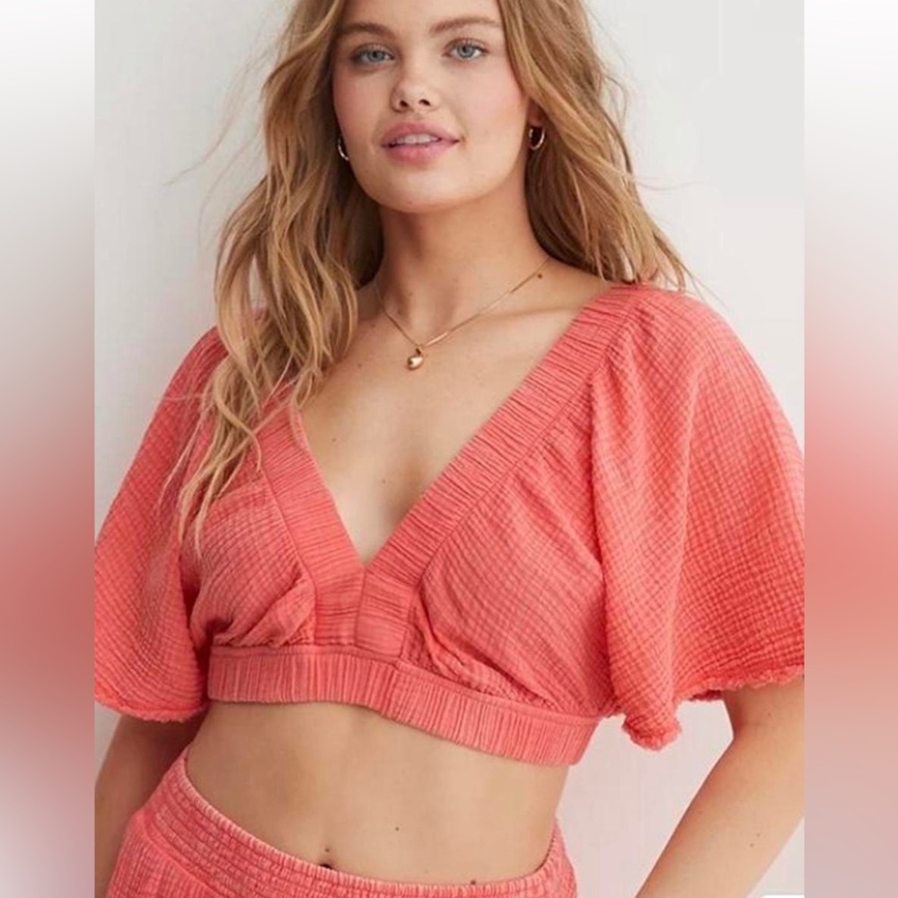 Aerie pool to party crop top cover up - pink coral size L NWT